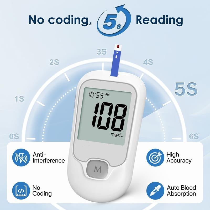 Blood Sugar Monitor Kit – No-Coding Meter, 100/50 Test Strips, Lancets, Lancing Device, Large Display-Free shipping