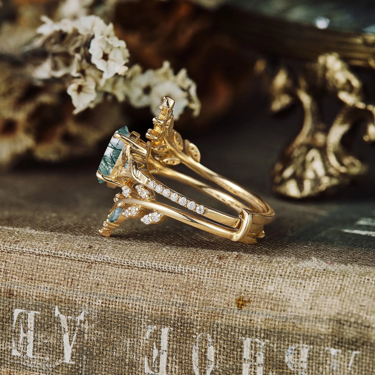Aphrodite's Enchanted Vine | A Mythical Moss Agate Ring Set