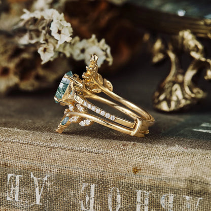 Aphrodite's Enchanted Vine | A Mythical Moss Agate Ring Set