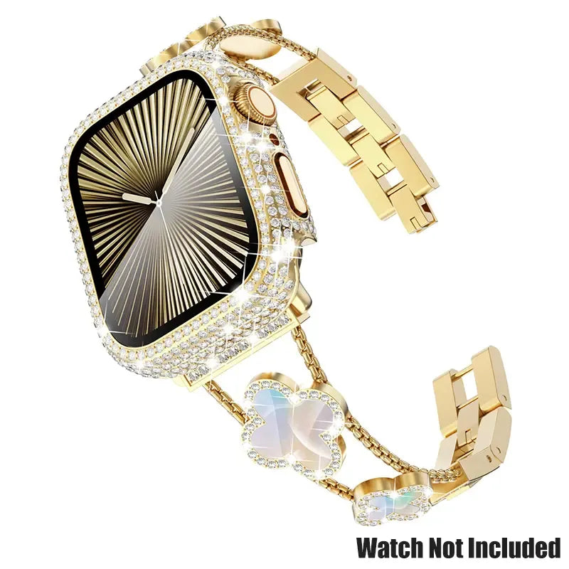 Black shell clover ultra-thin metal band for Apple Watch - business dress band, compatible with Ultra 2/Ultra/Series 10-1/SE/SE2 (38-49mm) women's models.