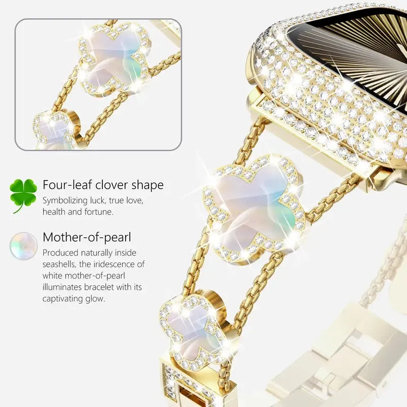 Black shell clover ultra-thin metal band for Apple Watch - business dress band, compatible with Ultra 2/Ultra/Series 10-1/SE/SE2 (38-49mm) women's models.