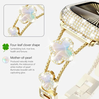 Black shell clover ultra-thin metal band for Apple Watch - business dress band, compatible with Ultra 2/Ultra/Series 10-1/SE/SE2 (38-49mm) women's models.