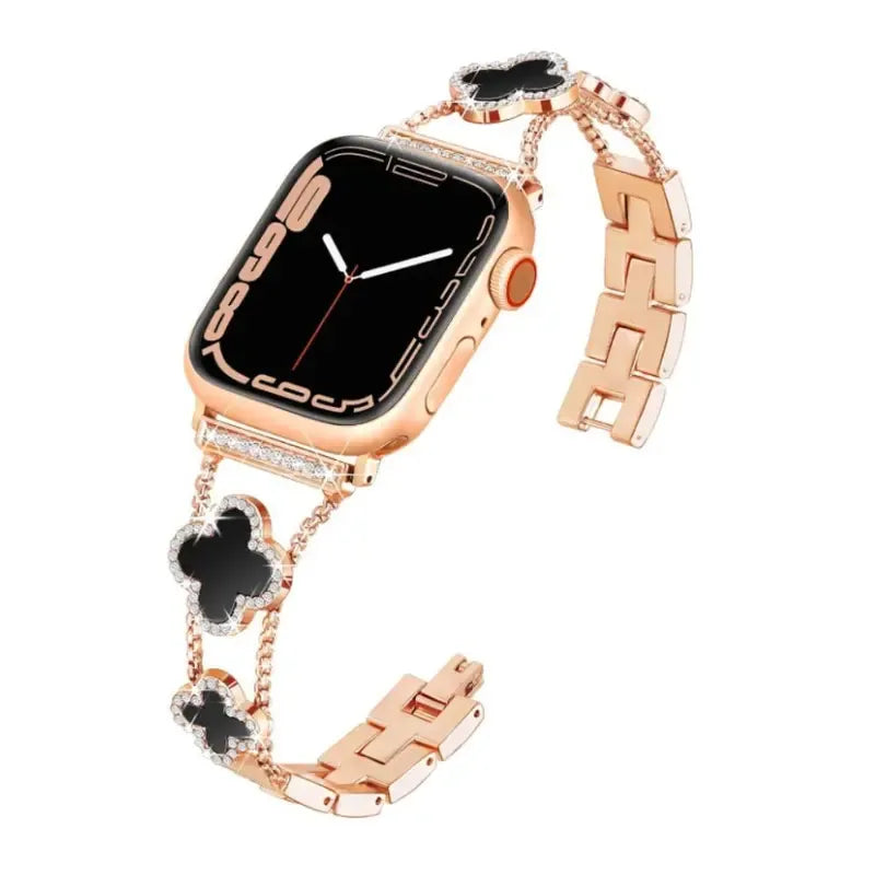 Black shell clover ultra-thin metal band for Apple Watch - business dress band, compatible with Ultra 2/Ultra/Series 10-1/SE/SE2 (38-49mm) women's models.