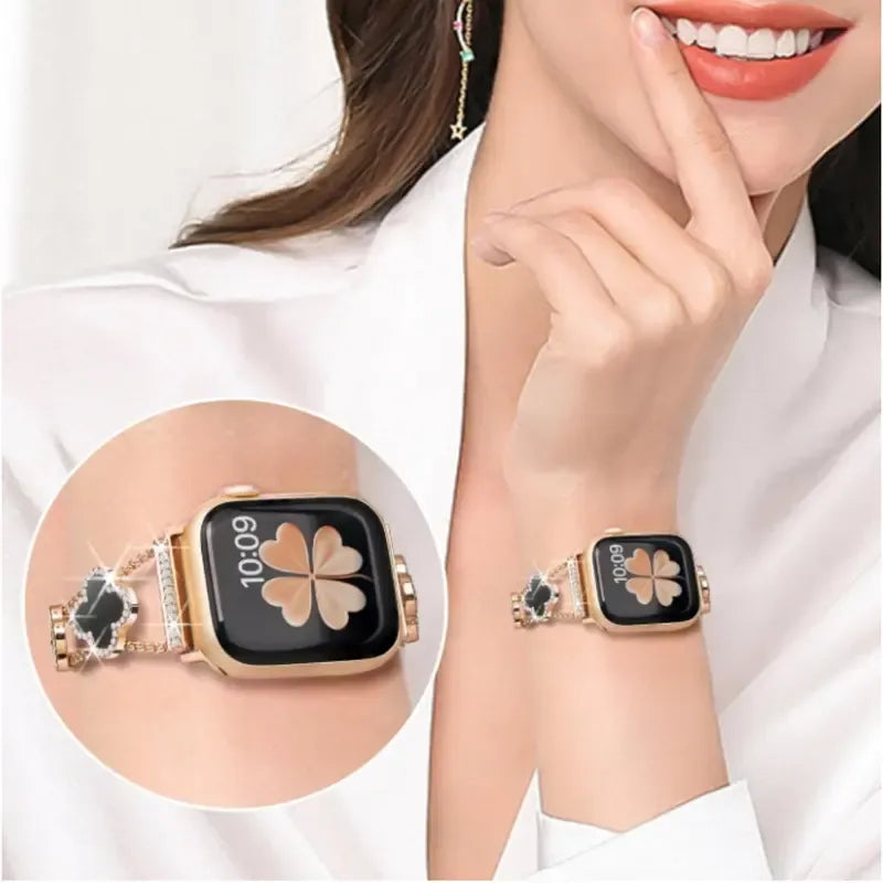 Black shell clover ultra-thin metal band for Apple Watch - business dress band, compatible with Ultra 2/Ultra/Series 10-1/SE/SE2 (38-49mm) women's models.