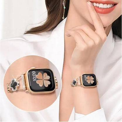 Black shell clover ultra-thin metal band for Apple Watch - business dress band, compatible with Ultra 2/Ultra/Series 10-1/SE/SE2 (38-49mm) women's models.