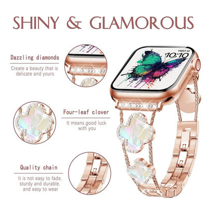 Black shell clover ultra-thin metal band for Apple Watch - business dress band, compatible with Ultra 2/Ultra/Series 10-1/SE/SE2 (38-49mm) women's models.