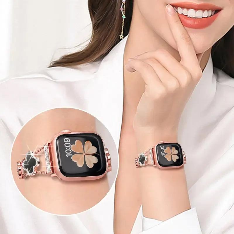 Black shell clover ultra-thin metal band for Apple Watch - business dress band, compatible with Ultra 2/Ultra/Series 10-1/SE/SE2 (38-49mm) women's models.