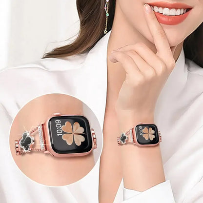 Black shell clover ultra-thin metal band for Apple Watch - business dress band, compatible with Ultra 2/Ultra/Series 10-1/SE/SE2 (38-49mm) women's models.