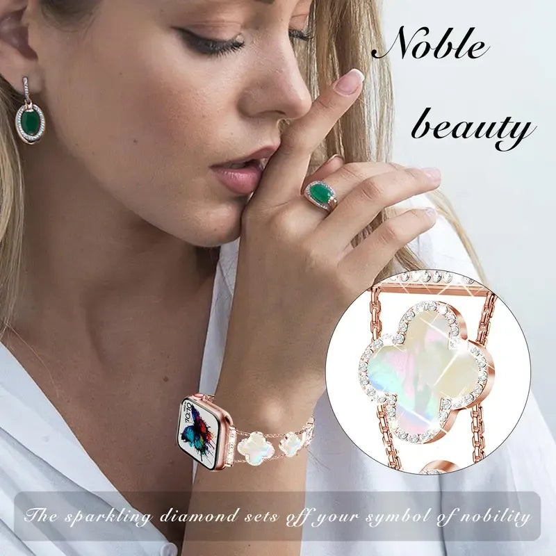 Black shell clover ultra-thin metal band for Apple Watch - business dress band, compatible with Ultra 2/Ultra/Series 10-1/SE/SE2 (38-49mm) women's models.