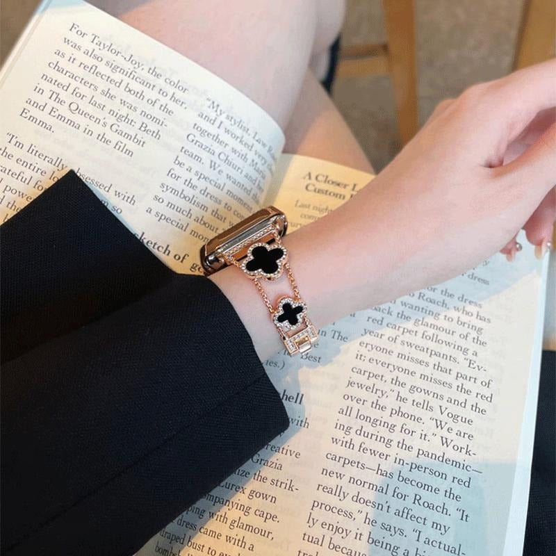 Black shell clover ultra-thin metal band for Apple Watch - business dress band, compatible with Ultra 2/Ultra/Series 10-1/SE/SE2 (38-49mm) women's models.