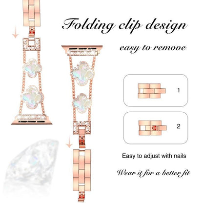 Black shell clover ultra-thin metal band for Apple Watch - business dress band, compatible with Ultra 2/Ultra/Series 10-1/SE/SE2 (38-49mm) women's models.