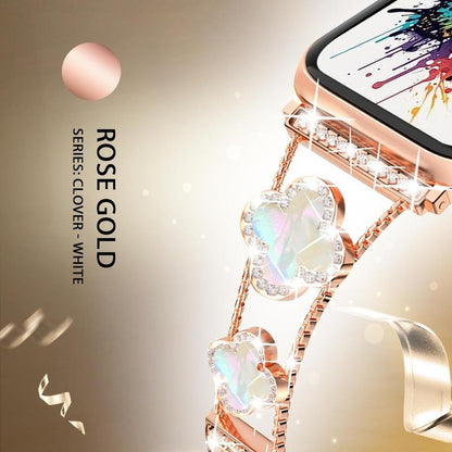 Black shell clover ultra-thin metal band for Apple Watch - business dress band, compatible with Ultra 2/Ultra/Series 10-1/SE/SE2 (38-49mm) women's models.