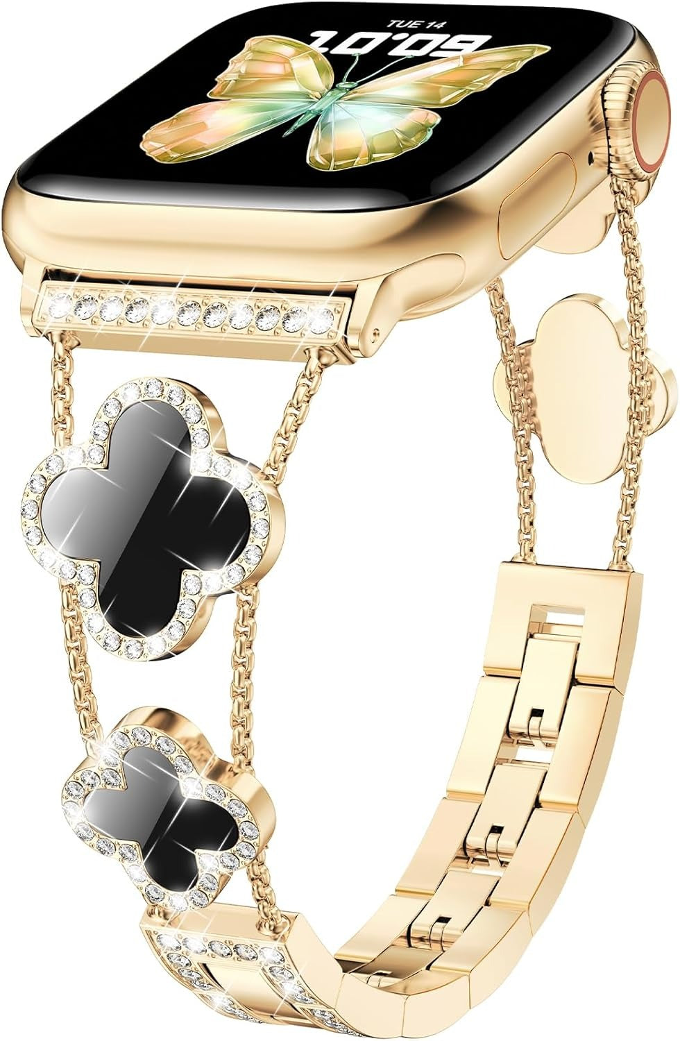 Black shell clover ultra-thin metal band for Apple Watch - business dress band, compatible with Ultra 2/Ultra/Series 10-1/SE/SE2 (38-49mm) women's models.