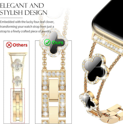 Black shell clover ultra-thin metal band for Apple Watch - business dress band, compatible with Ultra 2/Ultra/Series 10-1/SE/SE2 (38-49mm) women's models.