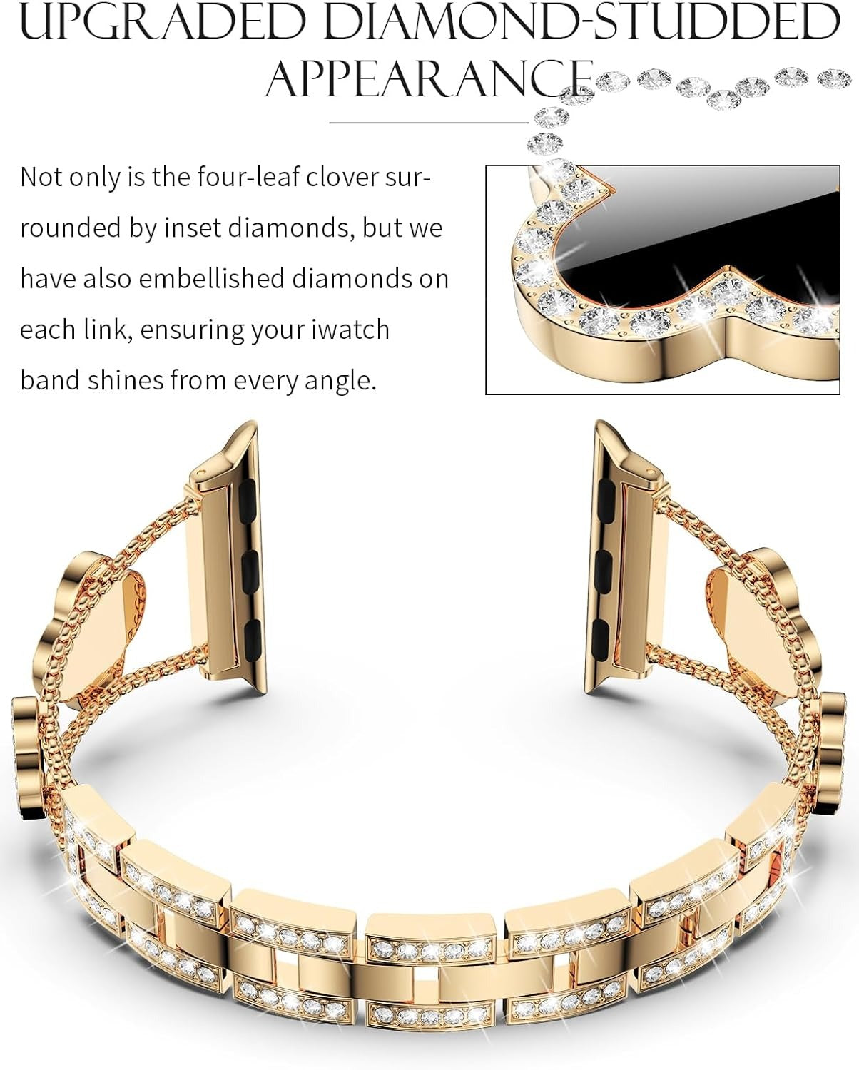 Black shell clover ultra-thin metal band for Apple Watch - business dress band, compatible with Ultra 2/Ultra/Series 10-1/SE/SE2 (38-49mm) women's models.