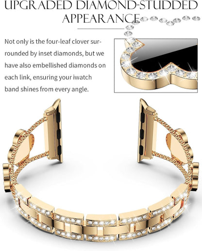 Black shell clover ultra-thin metal band for Apple Watch - business dress band, compatible with Ultra 2/Ultra/Series 10-1/SE/SE2 (38-49mm) women's models.