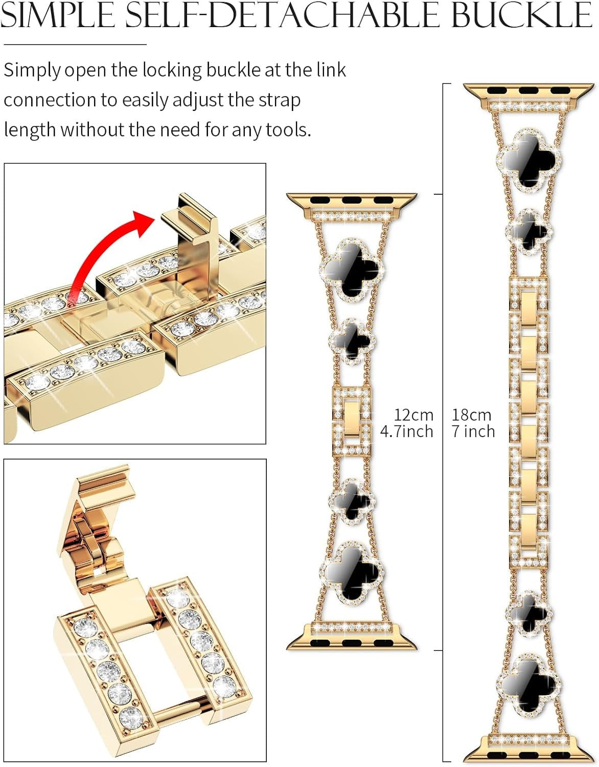 Black shell clover ultra-thin metal band for Apple Watch - business dress band, compatible with Ultra 2/Ultra/Series 10-1/SE/SE2 (38-49mm) women's models.