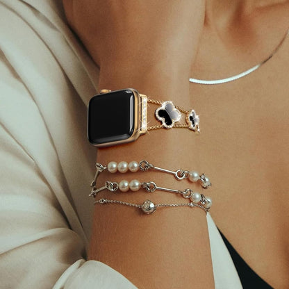 Black shell clover ultra-thin metal band for Apple Watch - business dress band, compatible with Ultra 2/Ultra/Series 10-1/SE/SE2 (38-49mm) women's models.