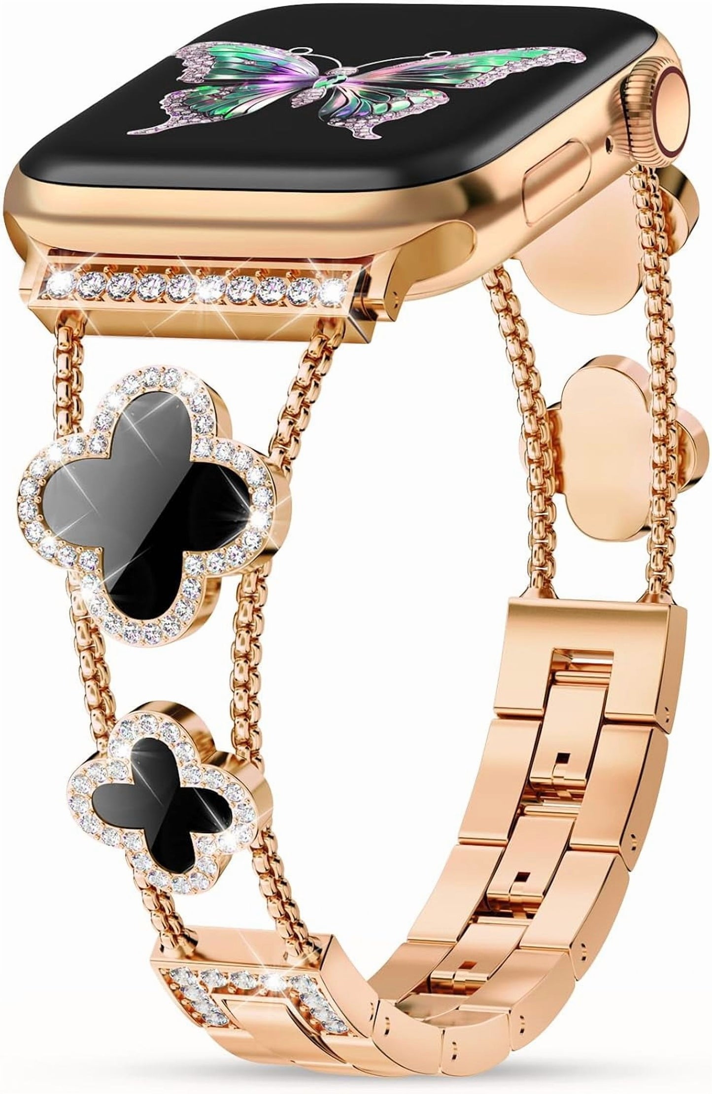 Black shell clover ultra-thin metal band for Apple Watch - business dress band, compatible with Ultra 2/Ultra/Series 10-1/SE/SE2 (38-49mm) women's models.