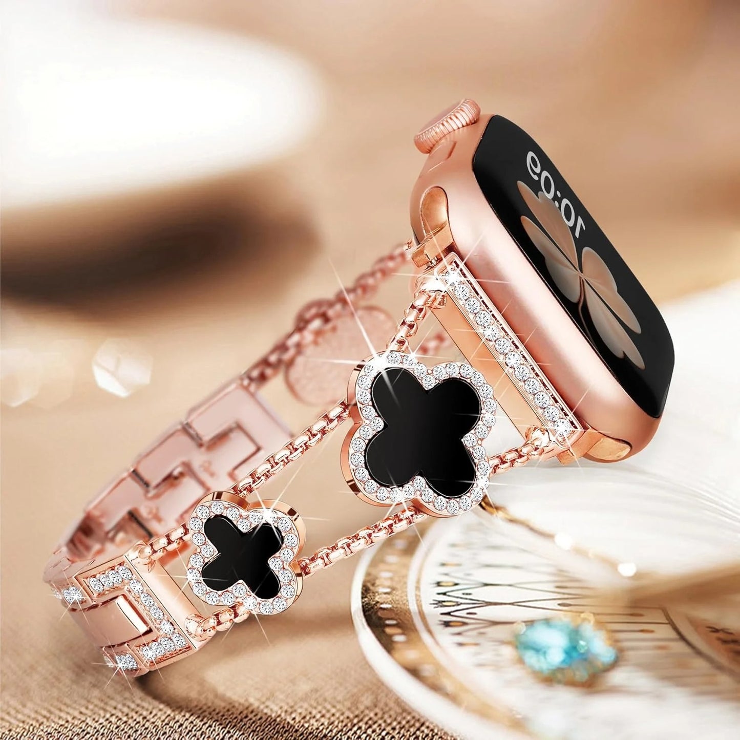 Black shell clover ultra-thin metal band for Apple Watch - business dress band, compatible with Ultra 2/Ultra/Series 10-1/SE/SE2 (38-49mm) women's models.