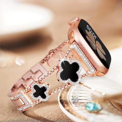 Black shell clover ultra-thin metal band for Apple Watch - business dress band, compatible with Ultra 2/Ultra/Series 10-1/SE/SE2 (38-49mm) women's models.