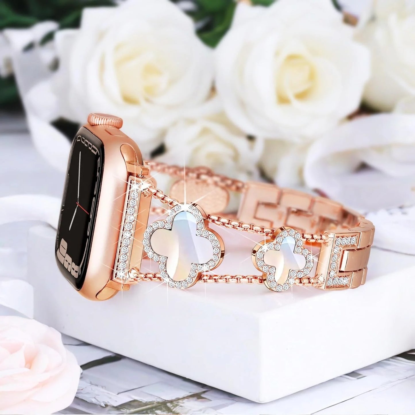 Black shell clover ultra-thin metal band for Apple Watch - business dress band, compatible with Ultra 2/Ultra/Series 10-1/SE/SE2 (38-49mm) women's models.