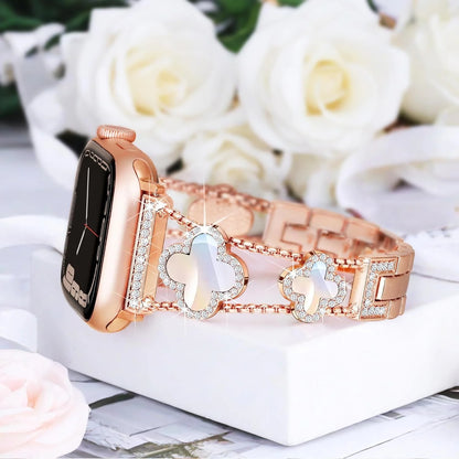 Black shell clover ultra-thin metal band for Apple Watch - business dress band, compatible with Ultra 2/Ultra/Series 10-1/SE/SE2 (38-49mm) women's models.