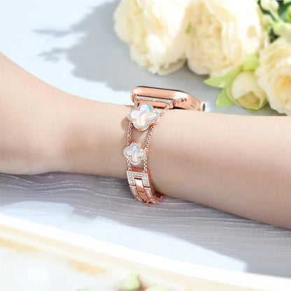 Black shell clover ultra-thin metal band for Apple Watch - business dress band, compatible with Ultra 2/Ultra/Series 10-1/SE/SE2 (38-49mm) women's models.