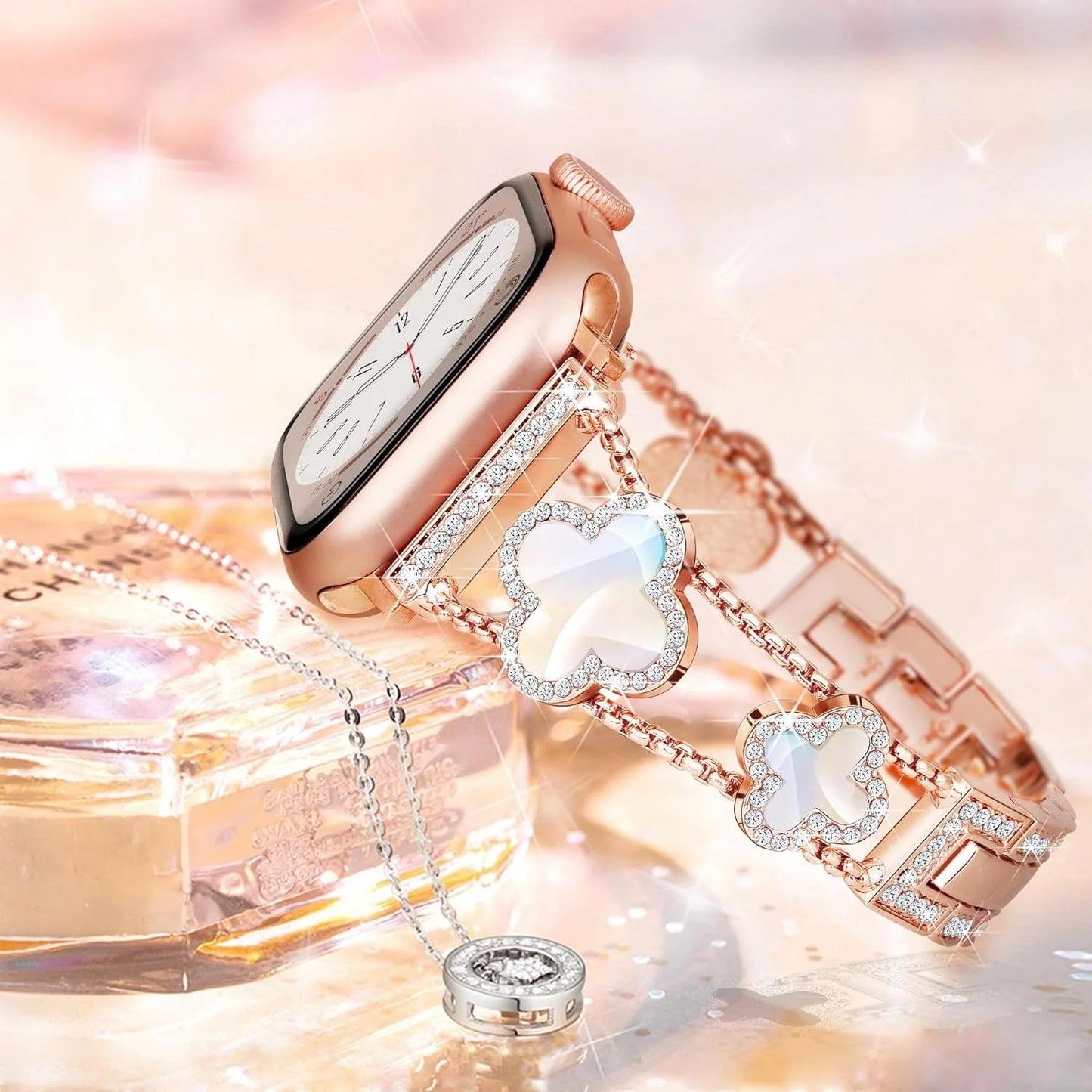 Black shell clover ultra-thin metal band for Apple Watch - business dress band, compatible with Ultra 2/Ultra/Series 10-1/SE/SE2 (38-49mm) women's models.