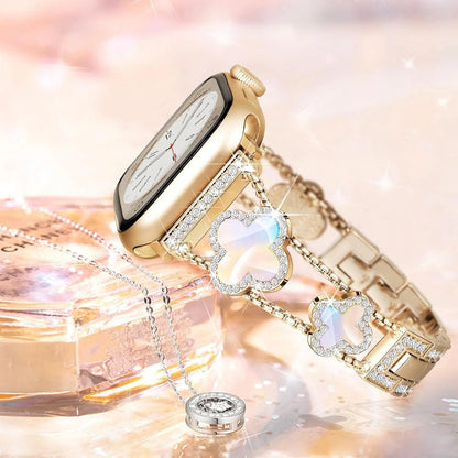 Black shell clover ultra-thin metal band for Apple Watch - business dress band, compatible with Ultra 2/Ultra/Series 10-1/SE/SE2 (38-49mm) women's models.