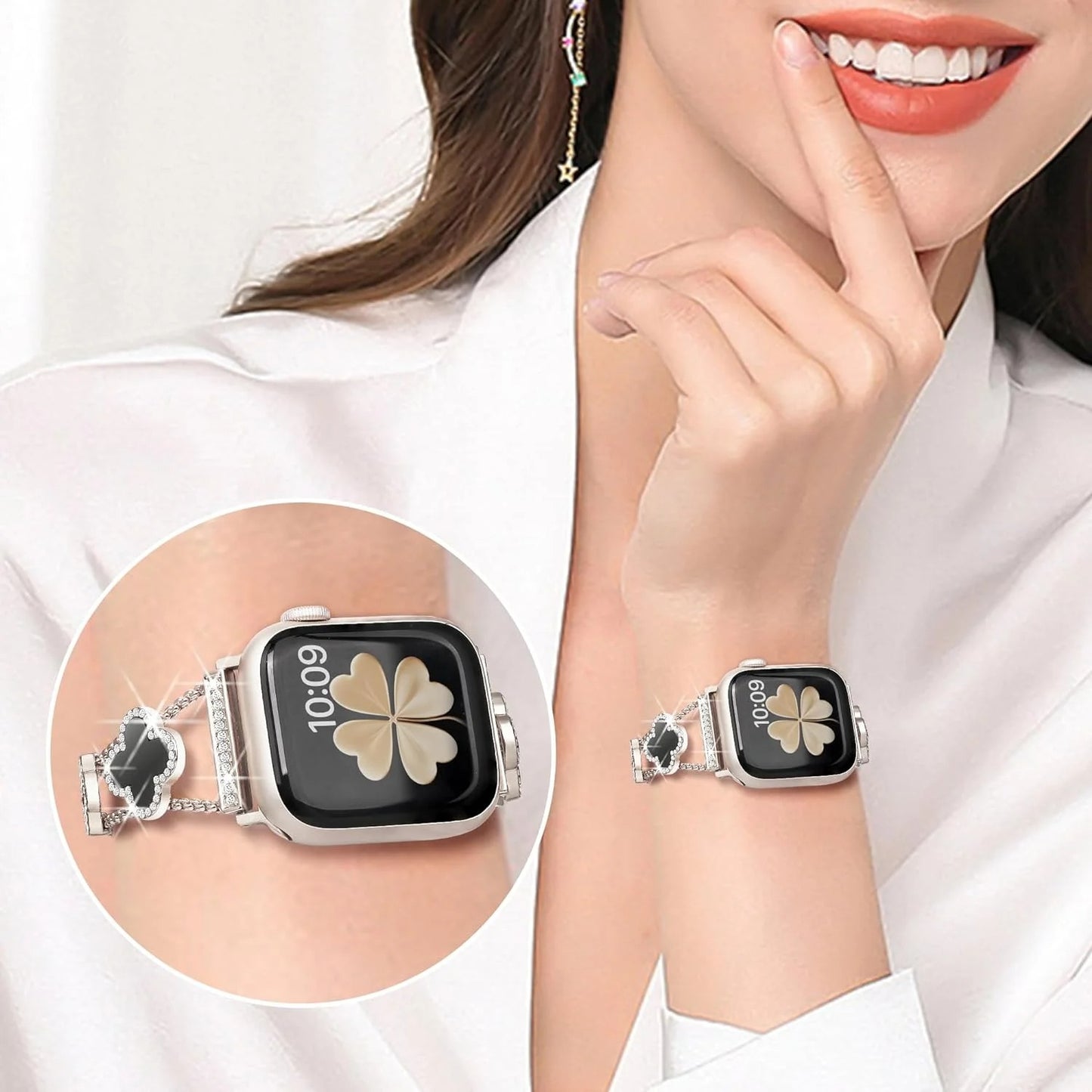 Black shell clover ultra-thin metal band for Apple Watch - business dress band, compatible with Ultra 2/Ultra/Series 10-1/SE/SE2 (38-49mm) women's models.